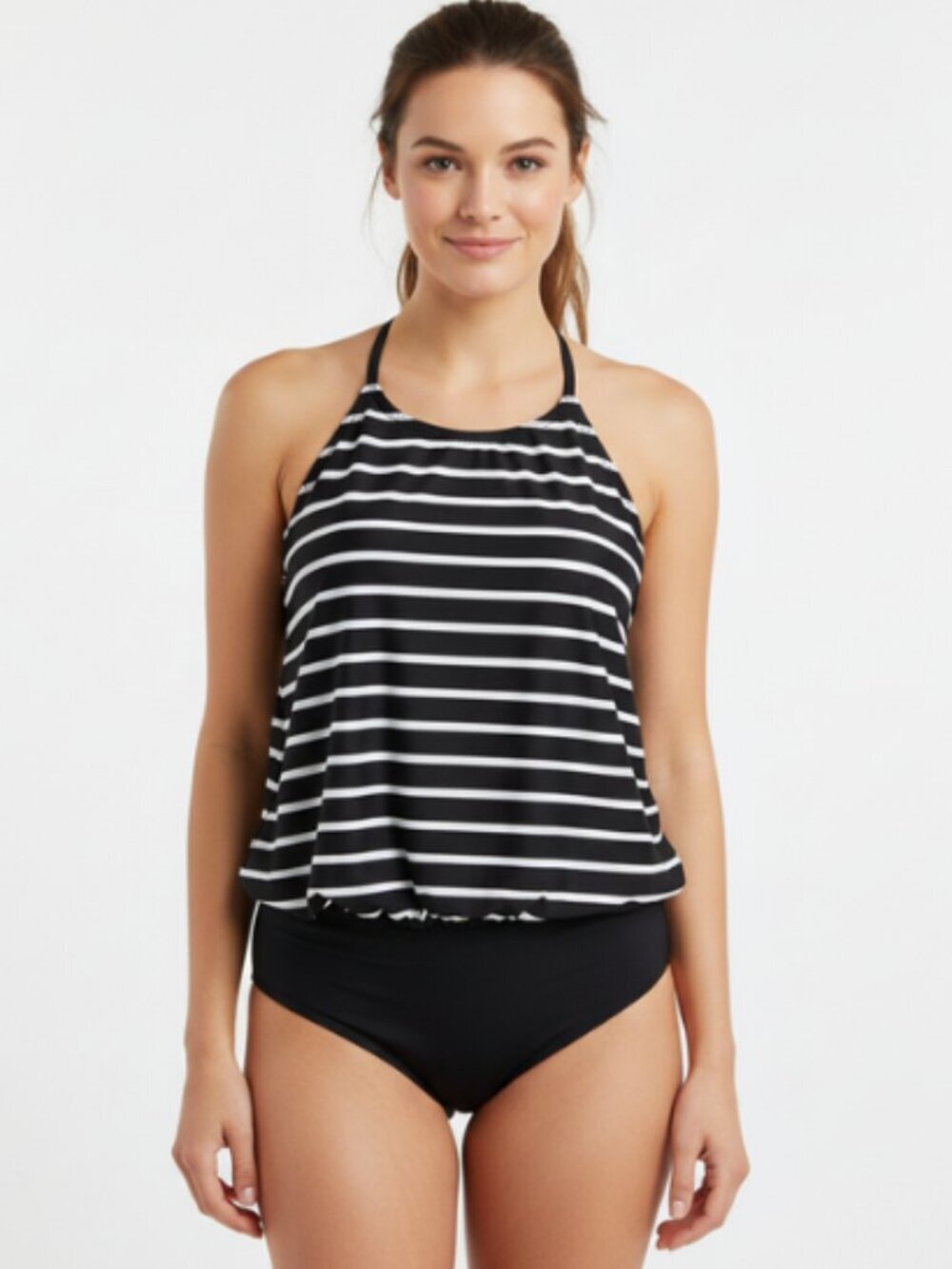 Kona Sol Tankini Top Black White Striped Halter Swim Top Size M 8-10